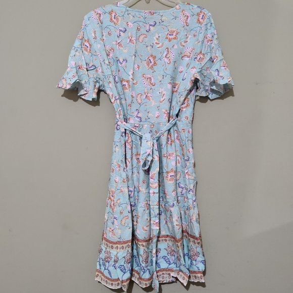 Light Blue Multicolored Floral Short Sleeve V-Neck Boho Womens Wrap Tie Dress - Picture 3 of 5